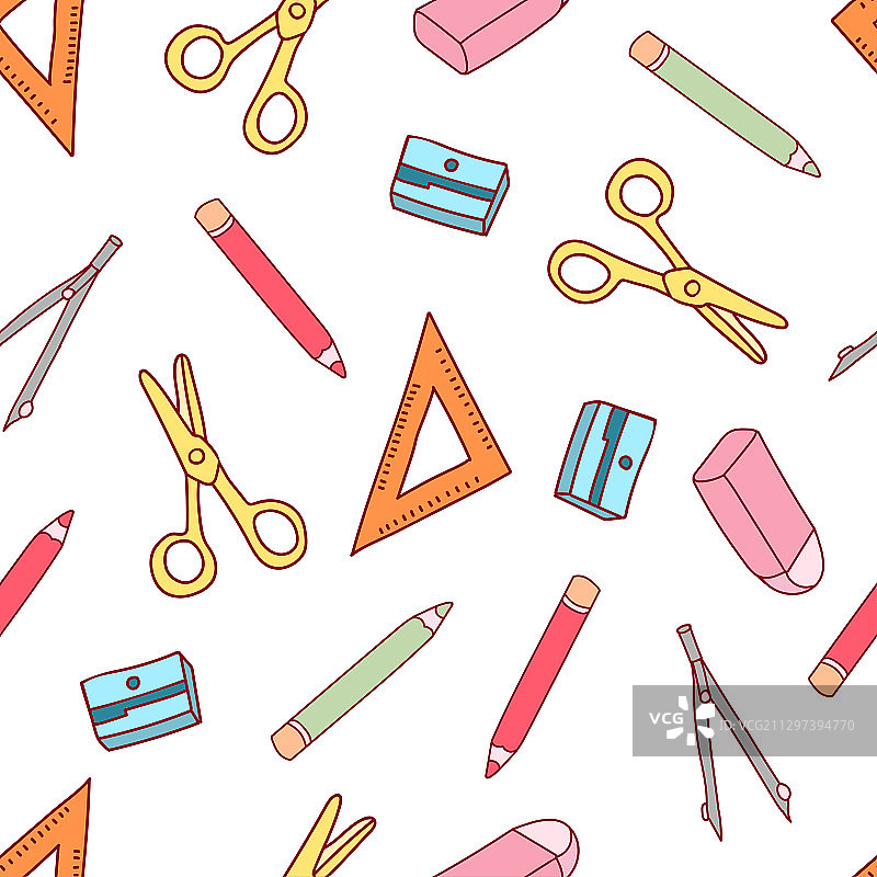 白色背景学生学习文具矢量插画无缝平铺壁纸图片素材