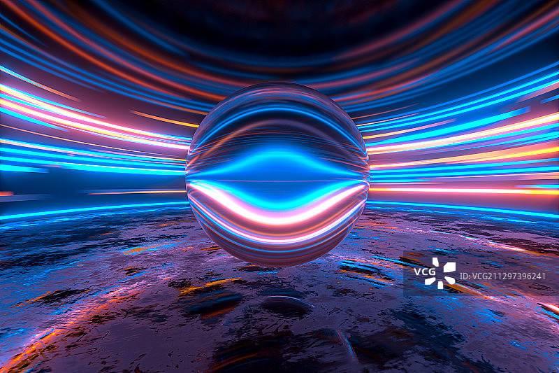 绚丽渐变光效与水晶球 3D渲染图片素材