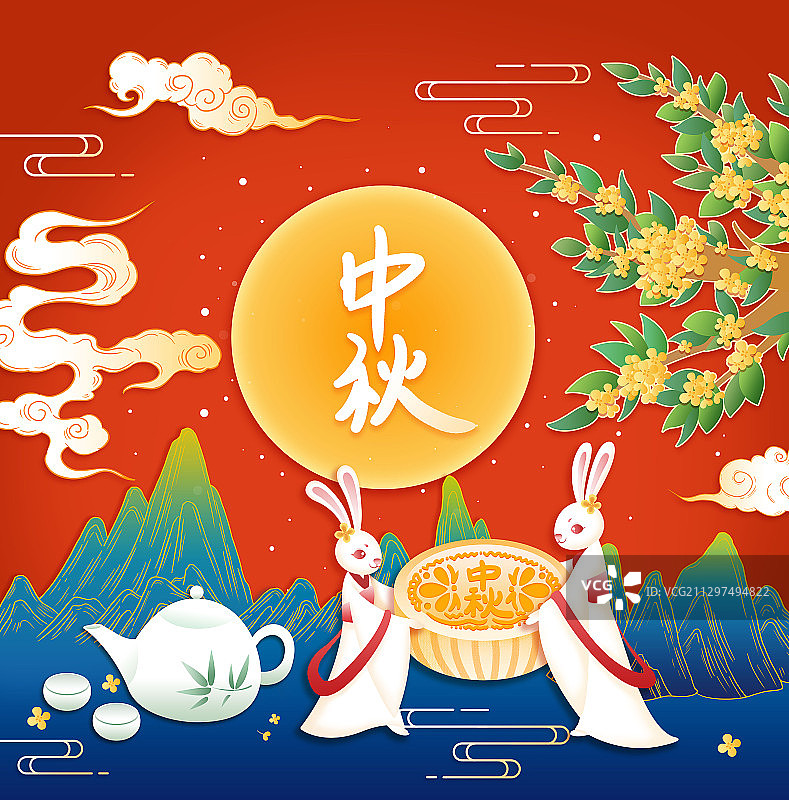 中秋节玉兔月饼桂花插画图片素材