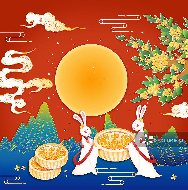 中秋节玉兔月饼桂花插画图片素材
