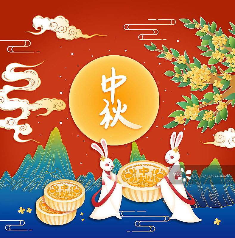 中秋节玉兔月饼桂花插画图片素材