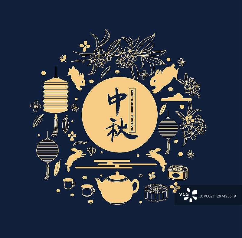 中秋节月饼桂花兔子灯笼线描插画图片素材