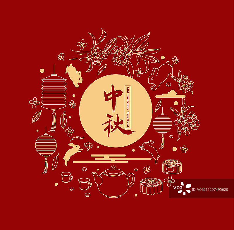 中秋节月饼桂花兔子灯笼线描插画图片素材