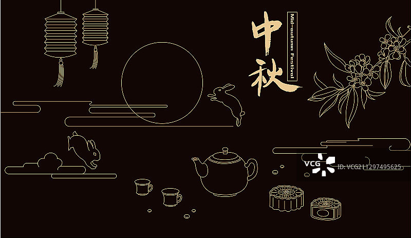中秋节月饼桂花兔子灯笼线描插画图片素材