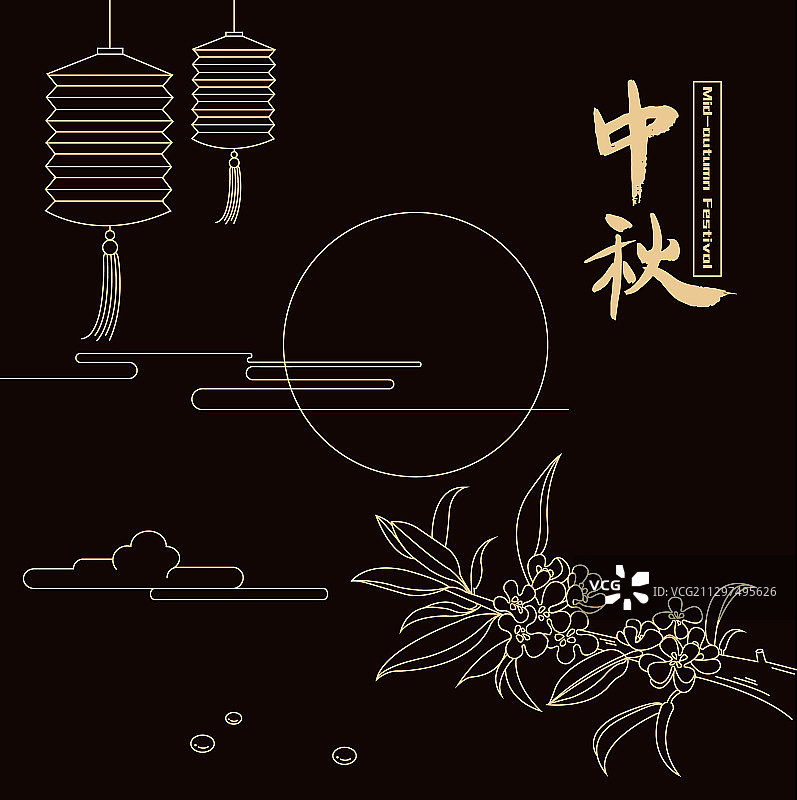 中秋节月饼桂花兔子灯笼线描插画图片素材