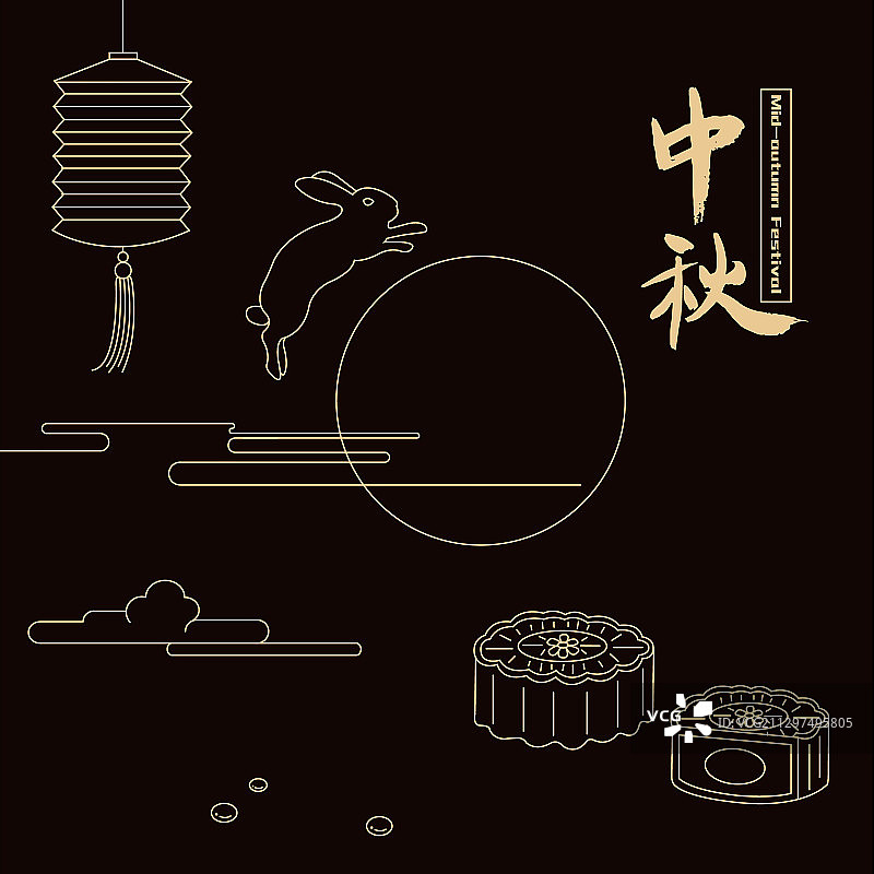 中秋节桂花月饼兔子线描插画图片素材