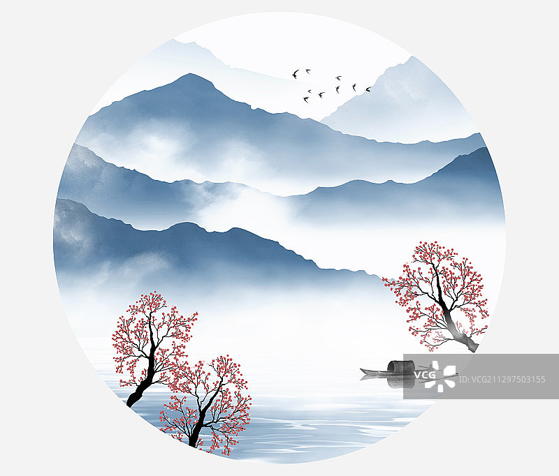 中国风蓝色水墨山水画图片素材