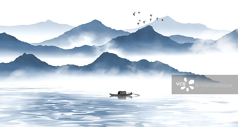 手绘中国风意境蓝色抽象山水风景画图片素材