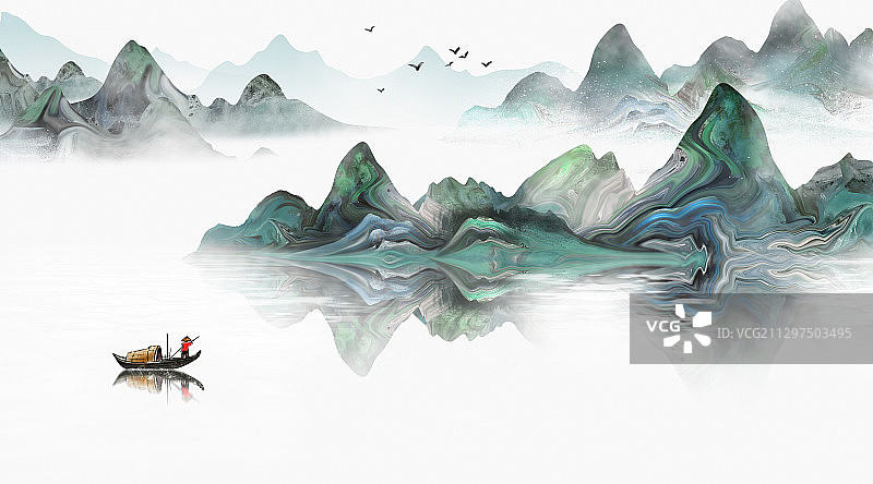 手绘中国风意境水墨抽象山水风景画图片素材