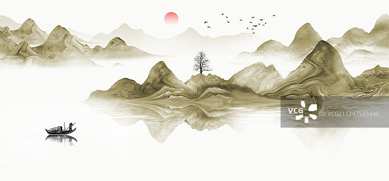 手绘中国风意境水墨抽象山水风景画图片素材