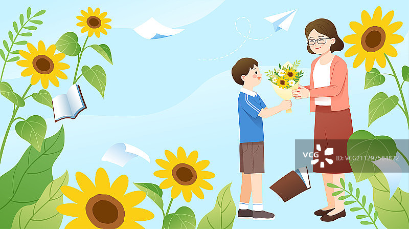 一名学生给老师献花和向日葵背景横版图片素材