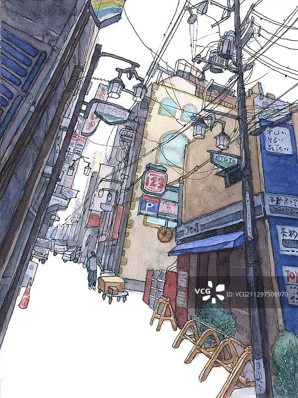 城市街景旅行水彩手绘插图图片素材