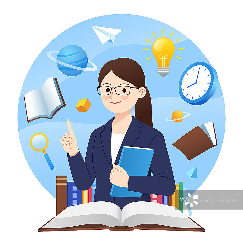 一位老师和书本等知识符号背景图片素材