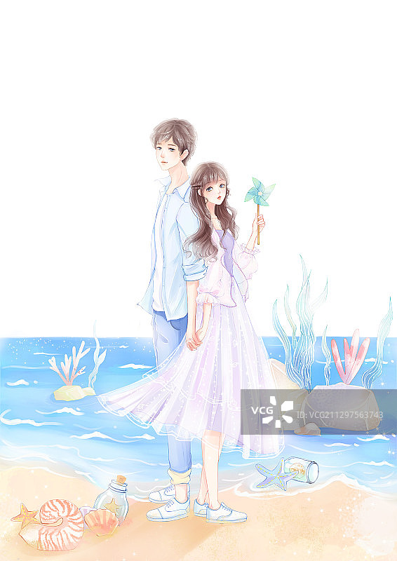 海边梦幻情侣插画图片素材