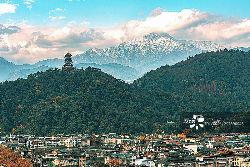 雪山下的古城图片素材