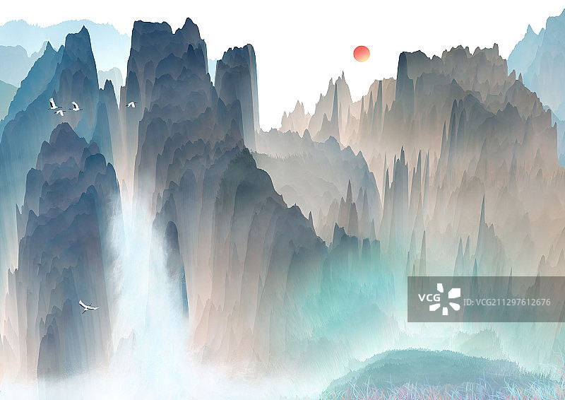 早晨太阳升起照耀山峰插画图片素材