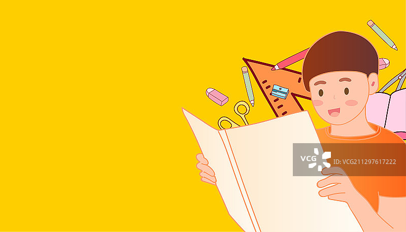 看书的男孩身边围绕着各种文具矢量插画海报图片素材