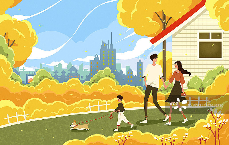 秋季户外郊游的一家人 秋分插画图片素材