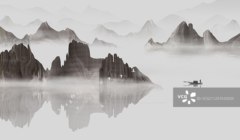 手绘新中式意境水墨山水画图片素材