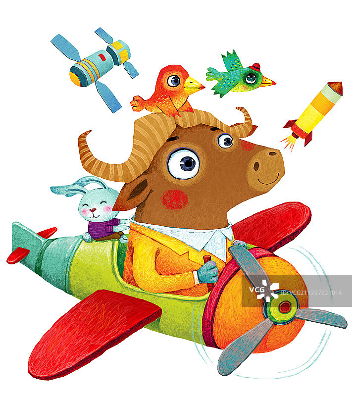 牛年牛插画-牛气冲天坐着飞机上的牛图片素材