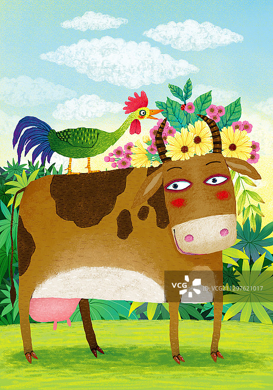 牛年牛插画-站在牛背上的公鸡图片素材