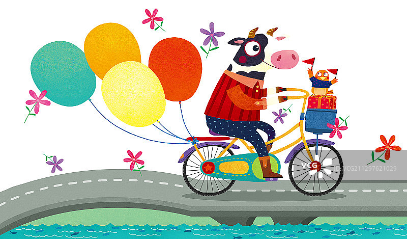 牛年牛插画-骑着骑车自行车的奶牛图片素材