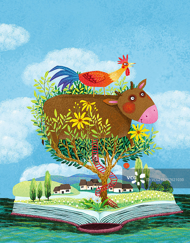 牛年牛插画-站在书本树上的牛和公鸡（步步高升）图片素材