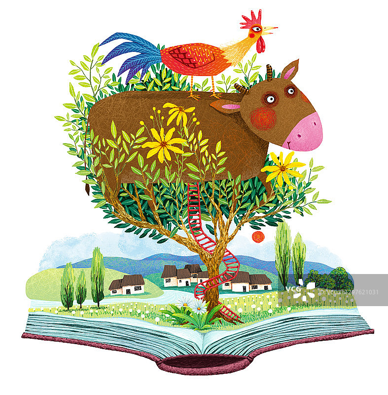 牛年牛插画-站在书本树上的牛和公鸡（步步高升）图片素材