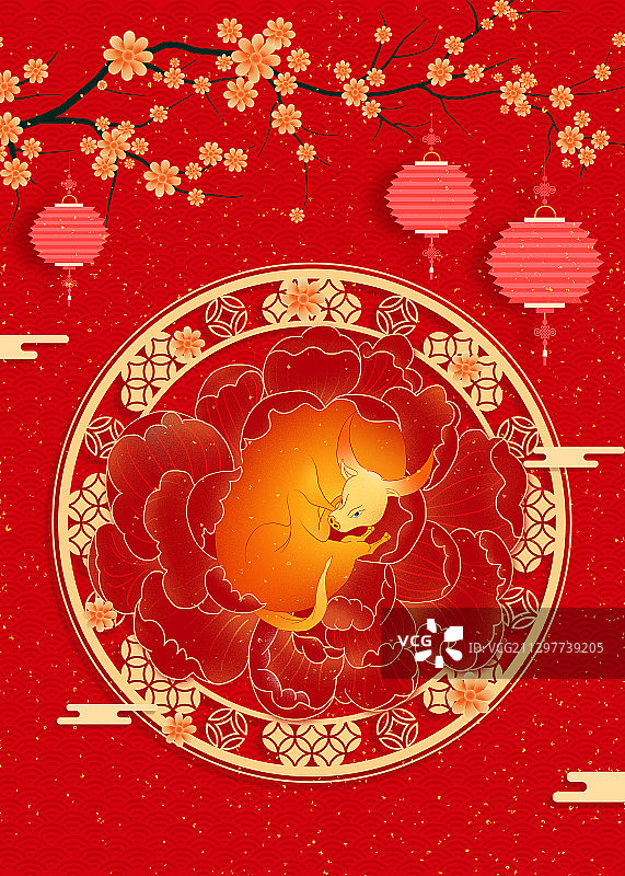 2021牛年春节年画 花朵里的牛图片素材