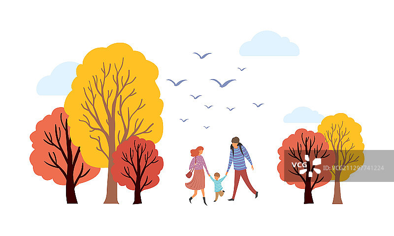 秋天一家人走在树林里矢量插画图片素材