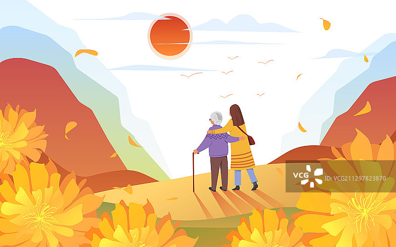 矢量清新重阳节母女登山温馨插画图片素材
