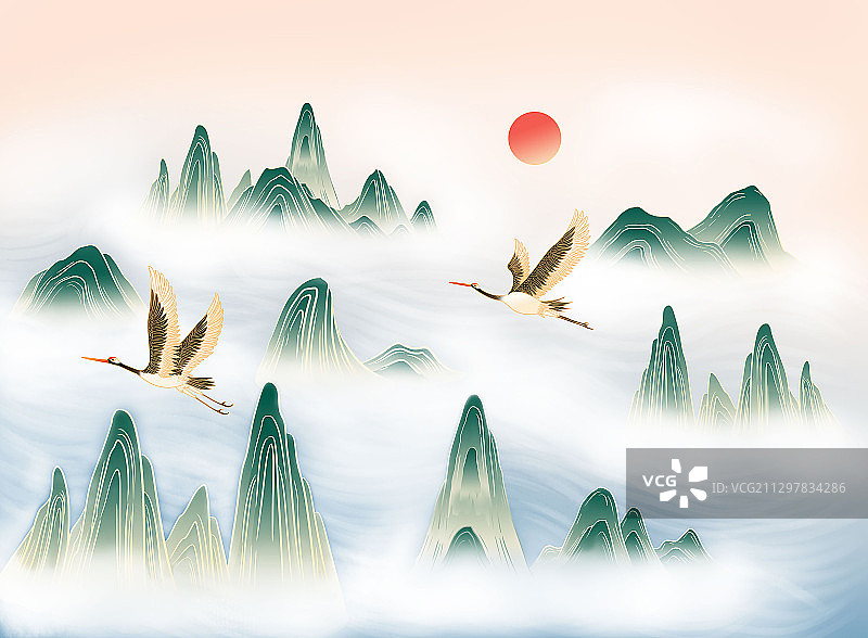国风山水仙鹤祥云风景插画图片素材