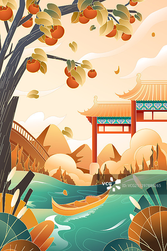 卡通秋季霜降秋分城市古建筑仙鹤白鹿动物风景中国风国潮矢量插画图片素材