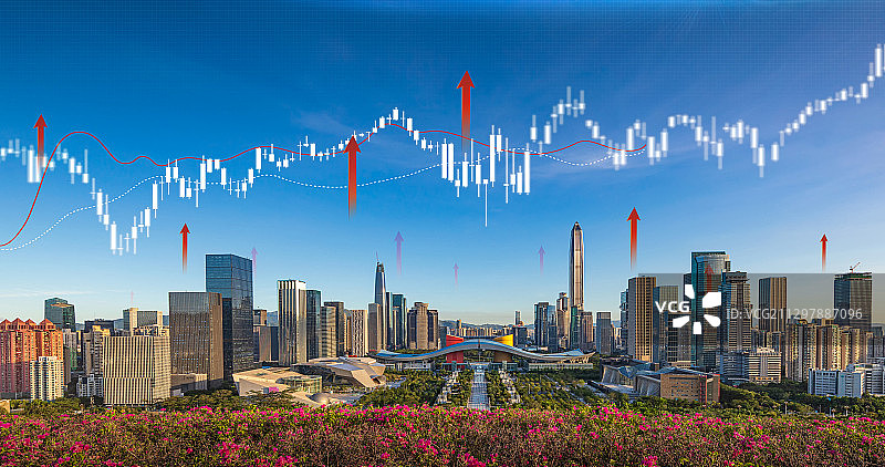 黄昏深圳市民中心城市天际线全球商务经济金融中心股市上涨K线图图片素材