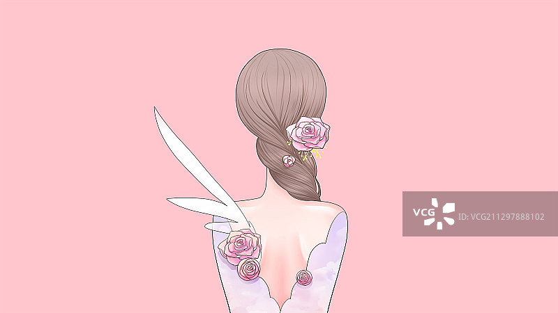 花与少女的后背，粉色调唯美文艺人物插画图片素材