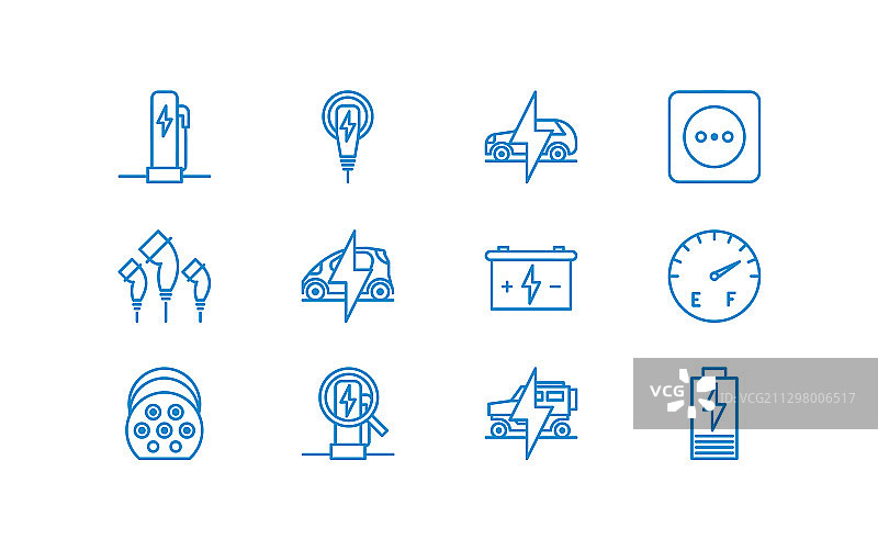 12个蓝色混合动力电动汽车图标图片素材