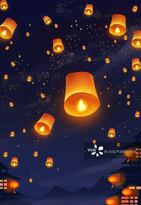 孔明灯夜景插画图片素材