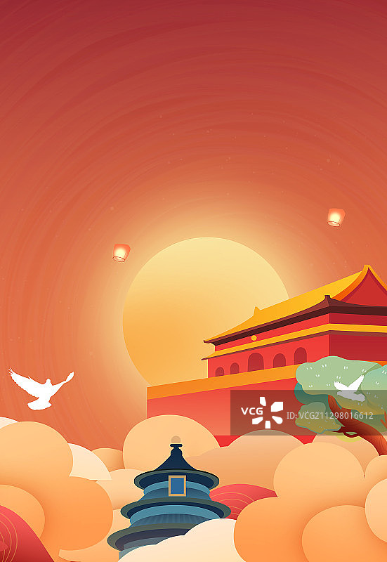 卡通手绘红色国庆节中国风中秋节插画图片素材
