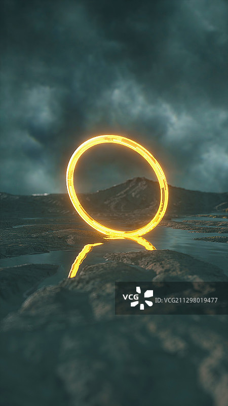 3D渲染自然场景地面上的环状霓虹灯管图片素材