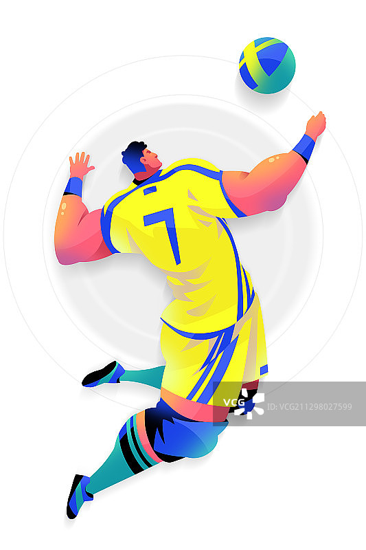 肌肉男跳起打排球的全身插画图片素材