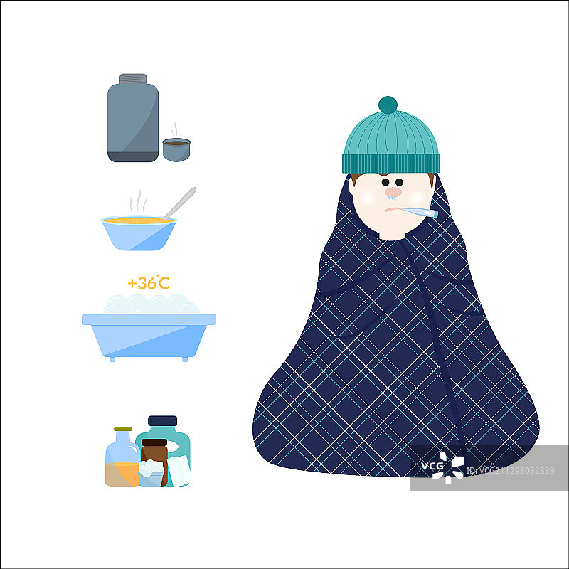 冻伤概念：戴帽子裹着格子布的男人图片素材