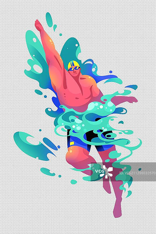 肌肉男在水中游泳溅起水花的插画图片素材