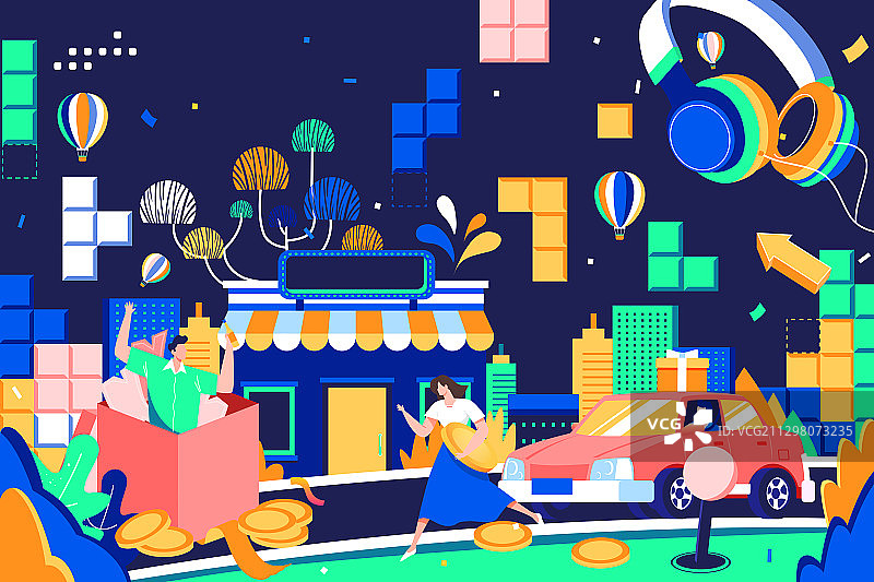 卡通游戏抽奖购物电商礼包送礼购物节双十一双十二渐变矢量插画图片素材