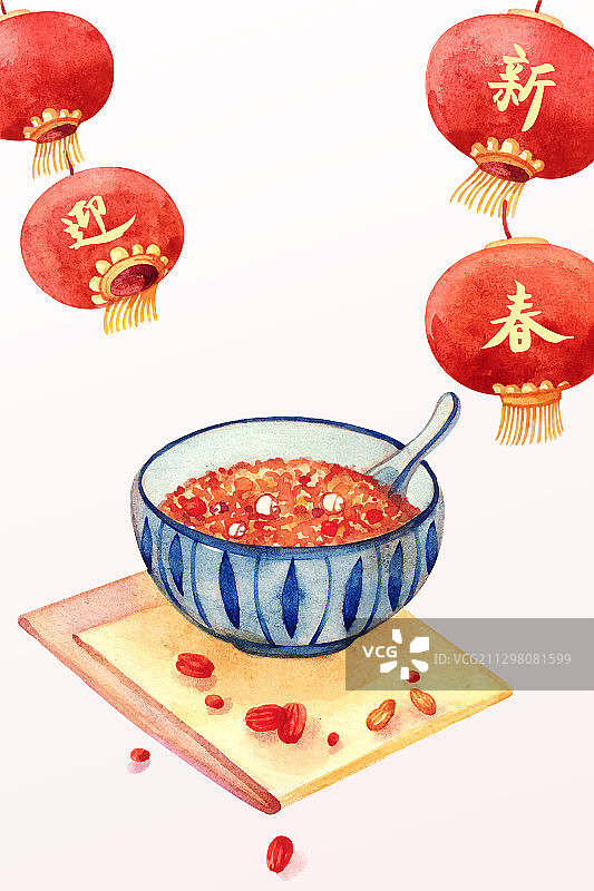 腊八粥灯笼节日水彩插画图片素材