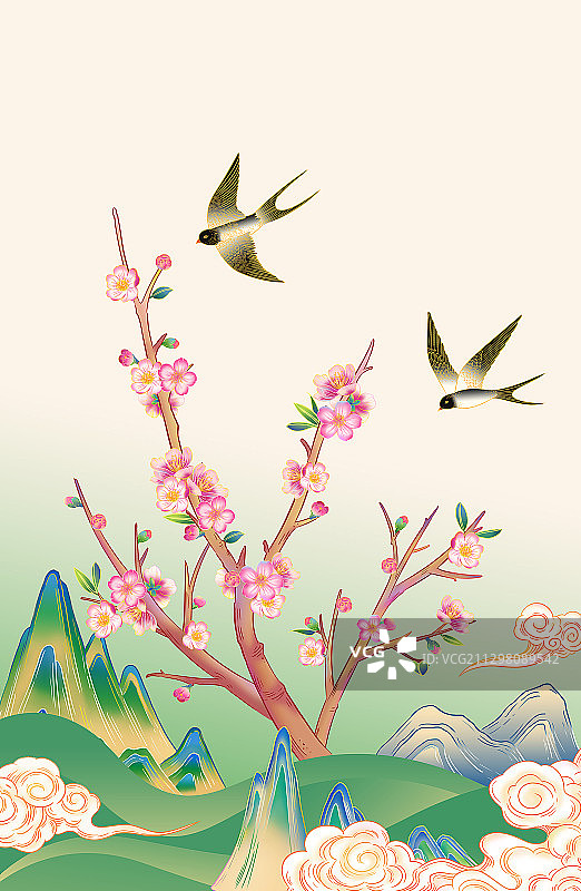 国风樱花桃花燕子春天风景插画图片素材