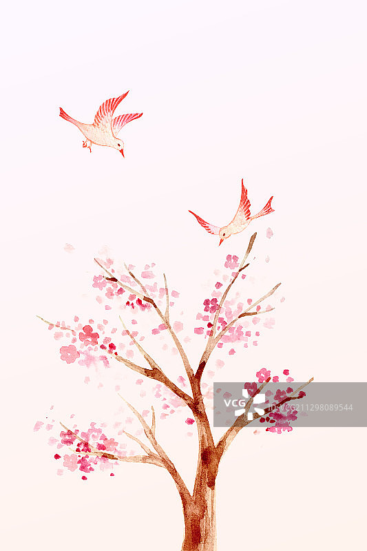 国风樱花桃花燕子春天风景插画图片素材