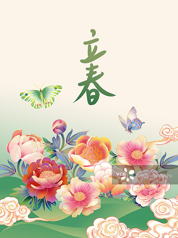 春天牡丹芍药盛开国风插画图片素材