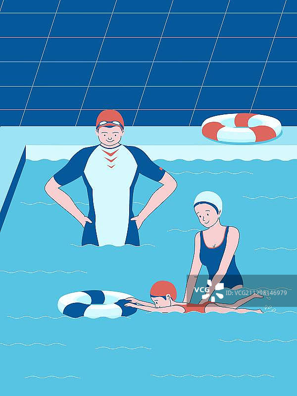 年轻父母游泳池教孩子游泳矢量图图片素材
