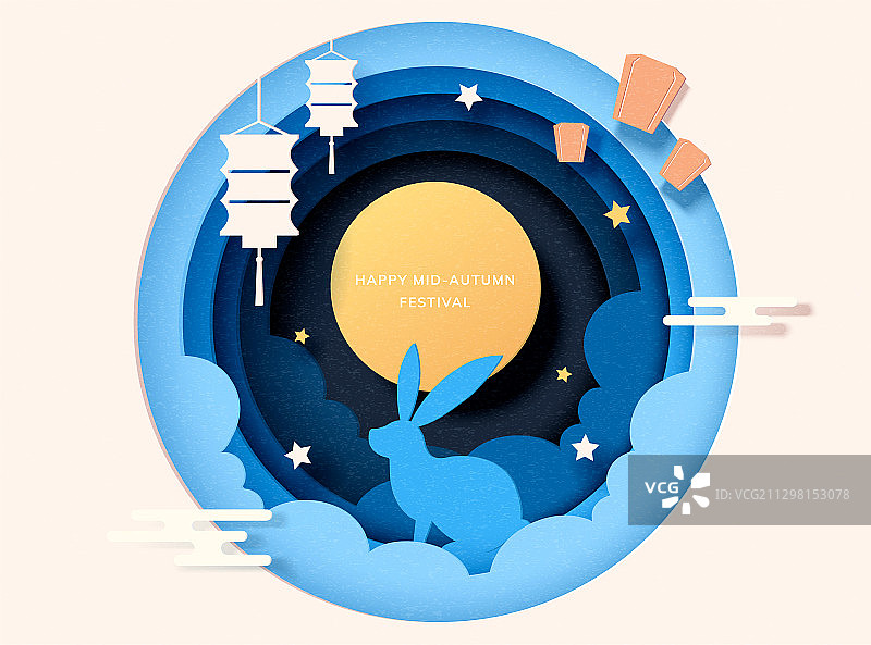 云层上仰望灯笼的玉兔剪纸风插图图片素材