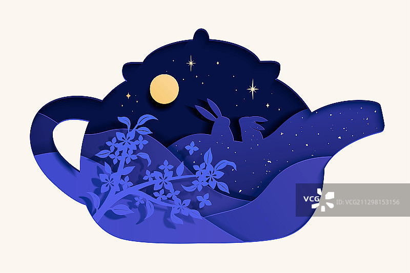 剪纸风茶壶轮廓里的赏月玉兔图片素材